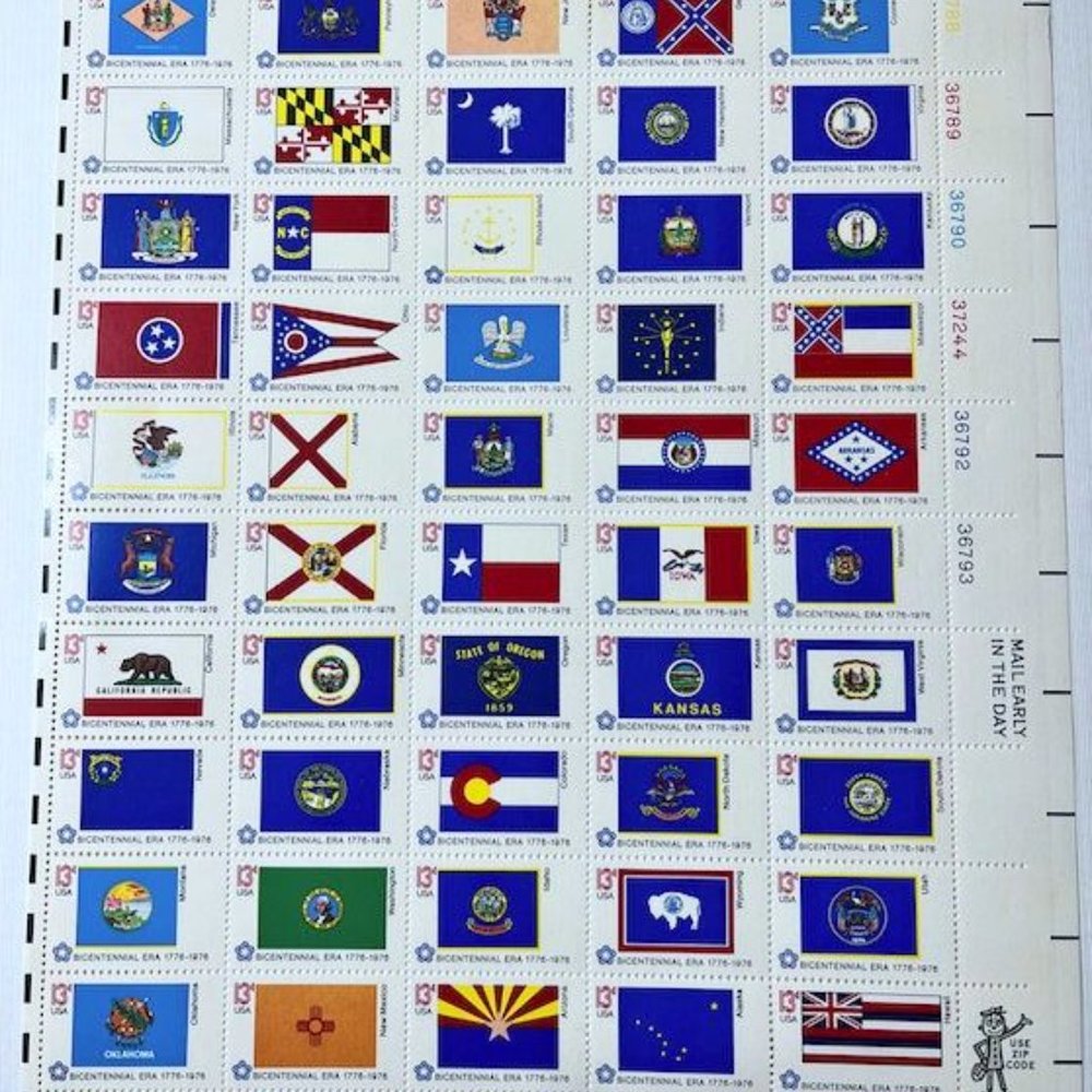 50 State Flags 1976 Postage Stamp Sheet, Unused Vintage USA Scott 1633 - 1682